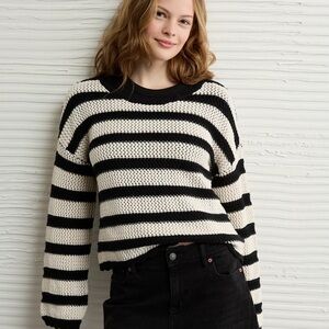 NWT AE Cropped Crochet Sweater Black Stripe XL
